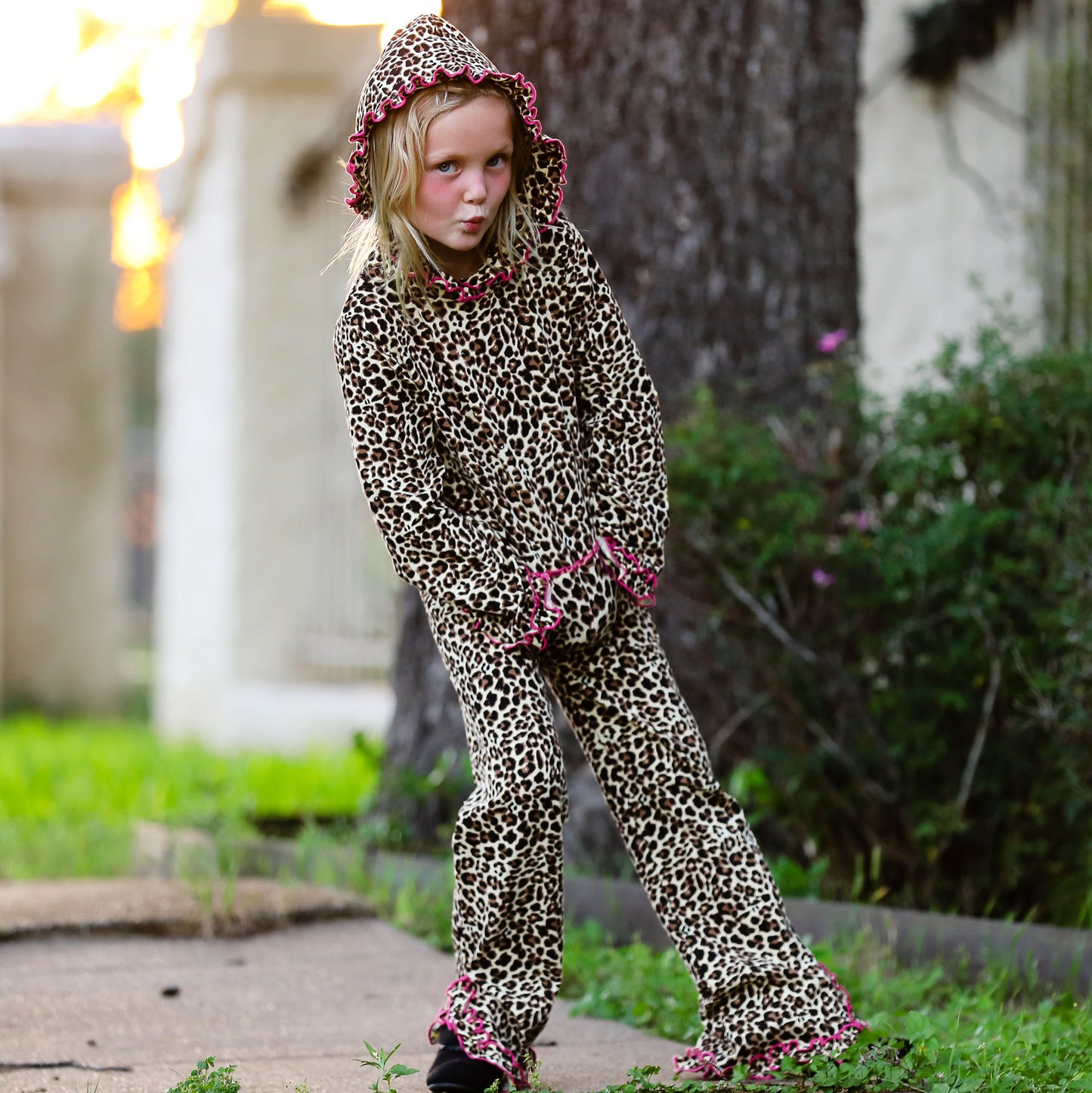 AnnLoren Girls Leopard Ruffle Hoodie 2 Pc Fashion Track Suit