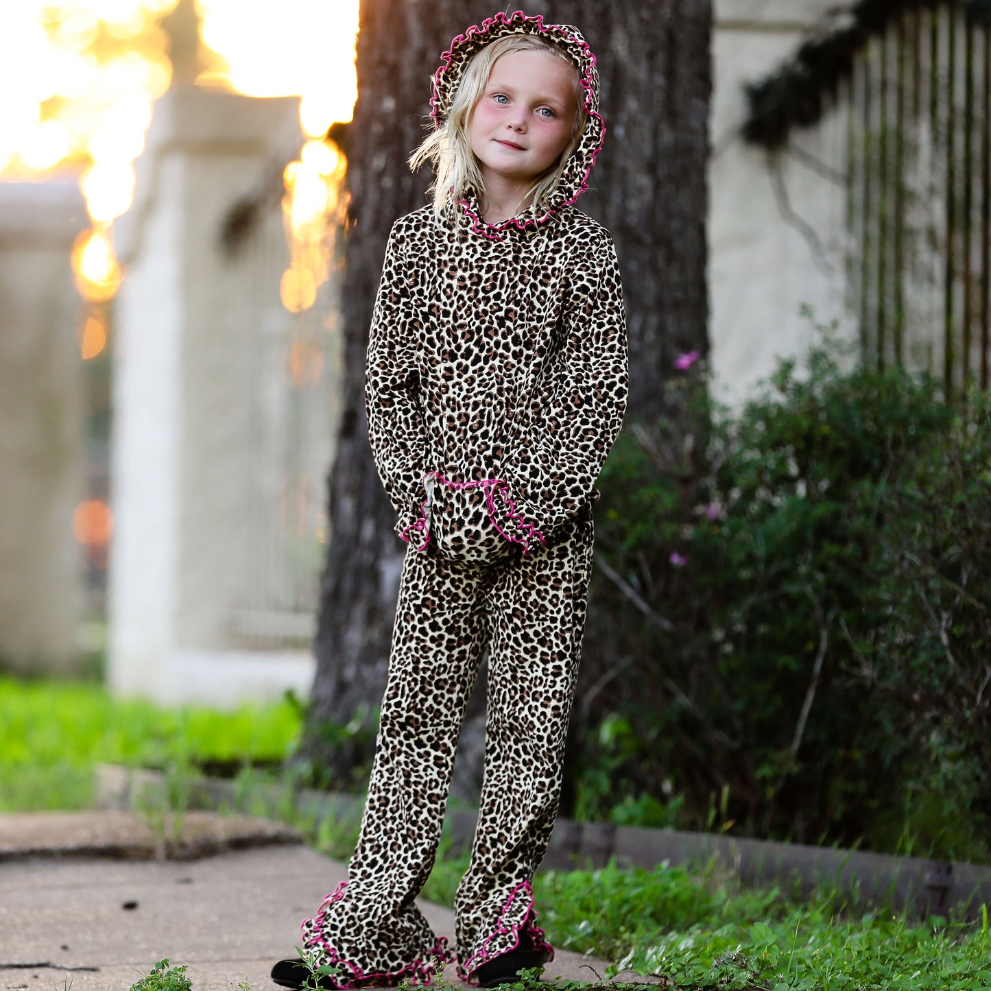 AnnLoren Girls Leopard Ruffle Hoodie 2 Pc Fashion Track Suit