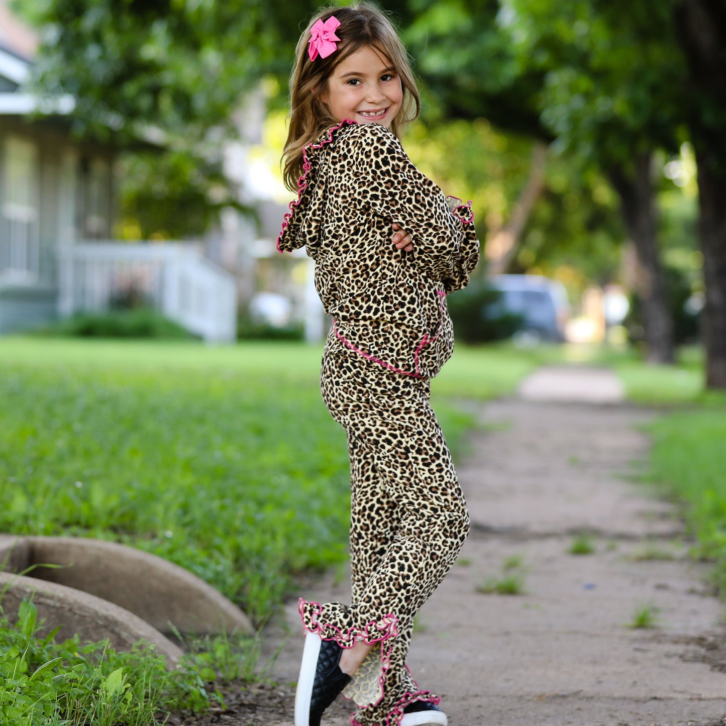 AnnLoren Girls Leopard Ruffle Hoodie 2 Pc Fashion Track Suit